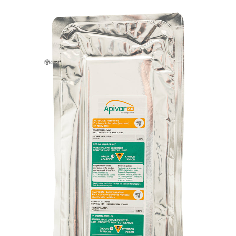A silver metallic stand-up pouch of Apivar 2.0