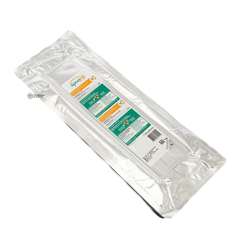 A packaged mite treatment in a metallic silver foil pouch with a white label featuring green and orange details, shown on a plain white background Apivar 2.0