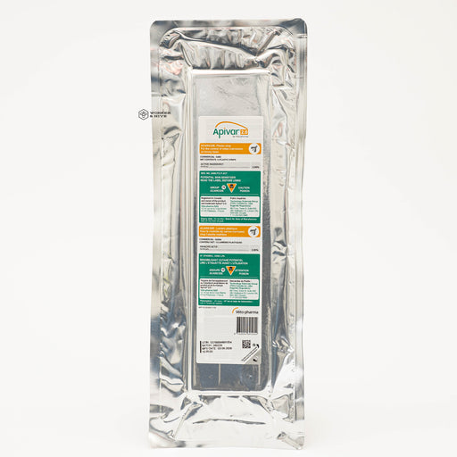 A packaged Apivar 2.0 insecticide strip in a silver foil pouch with a white, green, and orange label, photographed against a plain white background.