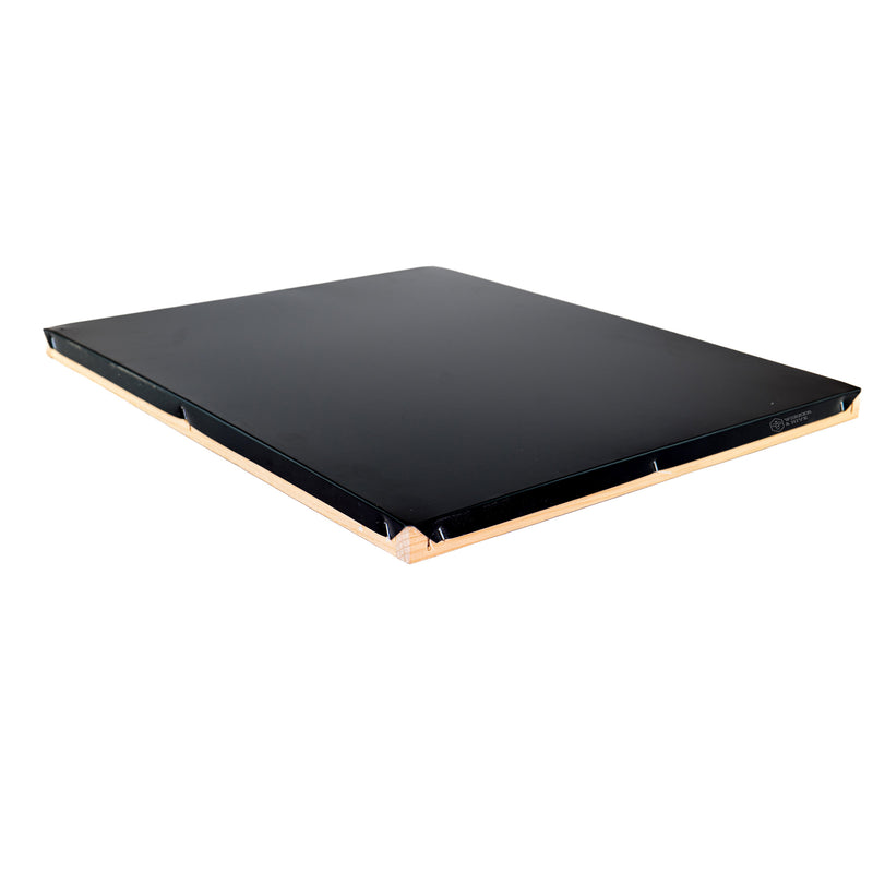A black fume board with a gold-colored border designed for use in beekeeping to clear honeybees from honey supers.