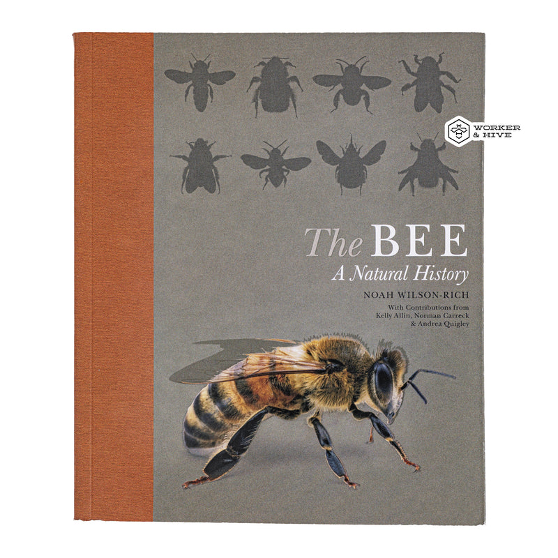 Book titled 'The Bee: A Natural History' with a bee illustration on a gray background